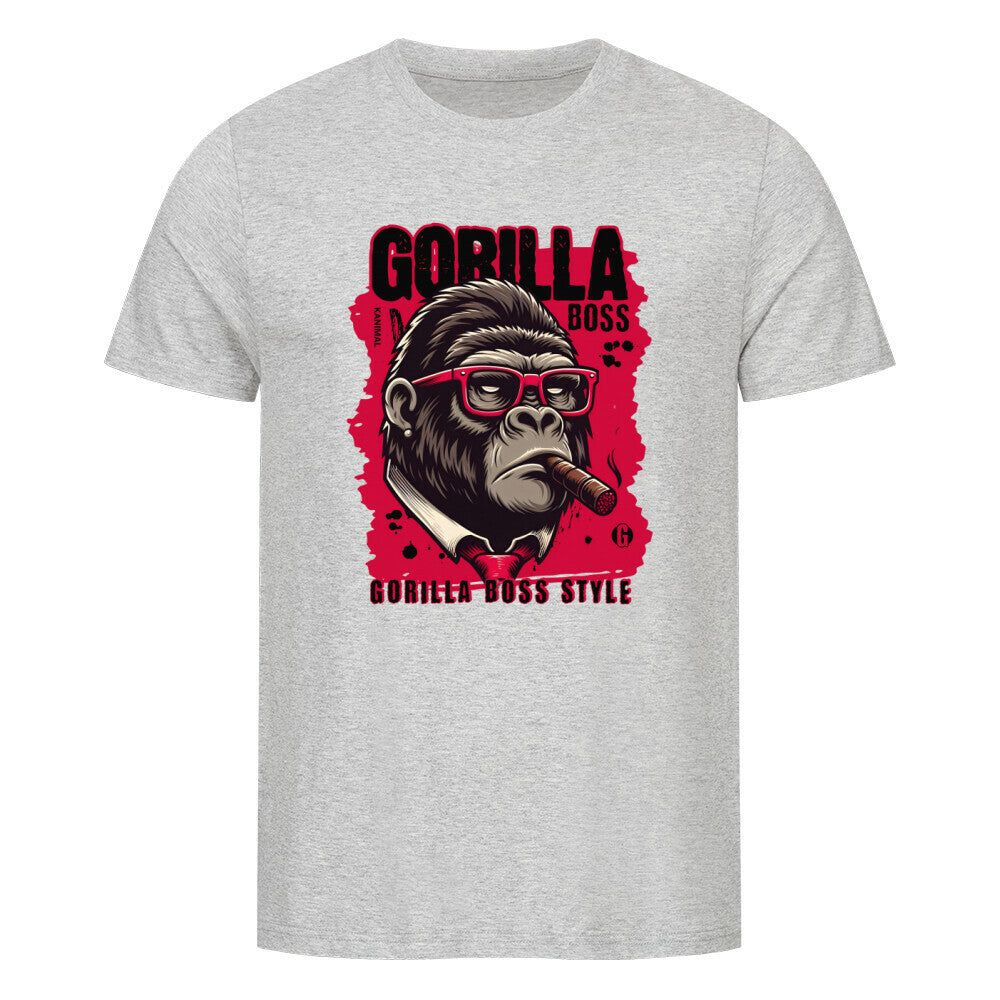 Kanimal "Gorilla Boss" T-Shirt für Herren, 100% Bio-Baumwolle, Unisex-Schnitt – Dieses graue T-Shirt der Marke Kanimal zeigt einen stilisierten Gorilla im Anzug mit roter Brille und Zigarre. Der Schriftzug "Gorilla Boss Style" in kräftigem Rot verleiht dem Design eine markante Note. Hergestellt aus 100% gekämmter Bio-Baumwolle, mit normaler Passform, eingesetzten Ärmeln und 1x1 Rippstrick am Ausschnitt. Perfekt für alle, die einen starken und selbstbewussten Look suchen.