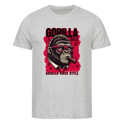 Kanimal "Gorilla Boss" T-Shirt für Herren, 100% Bio-Baumwolle, Unisex-Schnitt – Dieses graue T-Shirt der Marke Kanimal zeigt einen stilisierten Gorilla im Anzug mit roter Brille und Zigarre. Der Schriftzug "Gorilla Boss Style" in kräftigem Rot verleiht dem Design eine markante Note. Hergestellt aus 100% gekämmter Bio-Baumwolle, mit normaler Passform, eingesetzten Ärmeln und 1x1 Rippstrick am Ausschnitt. Perfekt für alle, die einen starken und selbstbewussten Look suchen.