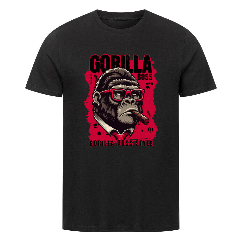 Kanimal "Gorilla Boss" T-Shirt für Herren, 100% Bio-Baumwolle, Unisex-Schnitt – Dieses schwarze T-Shirt der Marke Kanimal zeigt einen stilisierten Gorilla im Anzug mit roter Brille und Zigarre. Der Schriftzug "Gorilla Boss Style" in kräftigem Rot verleiht dem Design eine markante Note. Hergestellt aus 100% gekämmter Bio-Baumwolle, mit normaler Passform, eingesetzten Ärmeln und 1x1 Rippstrick am Ausschnitt. Perfekt für alle, die einen starken und selbstbewussten Look suchen.