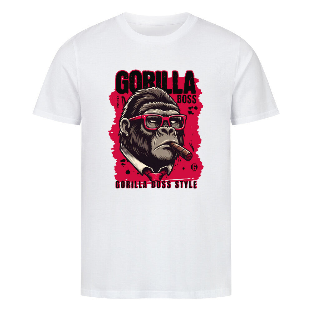 Kanimal "Gorilla Boss" T-Shirt für Herren, 100% Bio-Baumwolle, Unisex-Schnitt – Dieses weiße T-Shirt der Marke Kanimal zeigt einen stilisierten Gorilla im Anzug mit roter Brille und Zigarre. Der Schriftzug "Gorilla Boss Style" in kräftigem Rot verleiht dem Design eine markante Note. Hergestellt aus 100% gekämmter Bio-Baumwolle, mit normaler Passform, eingesetzten Ärmeln und 1x1 Rippstrick am Ausschnitt. Perfekt für alle, die einen starken und selbstbewussten Look suchen.