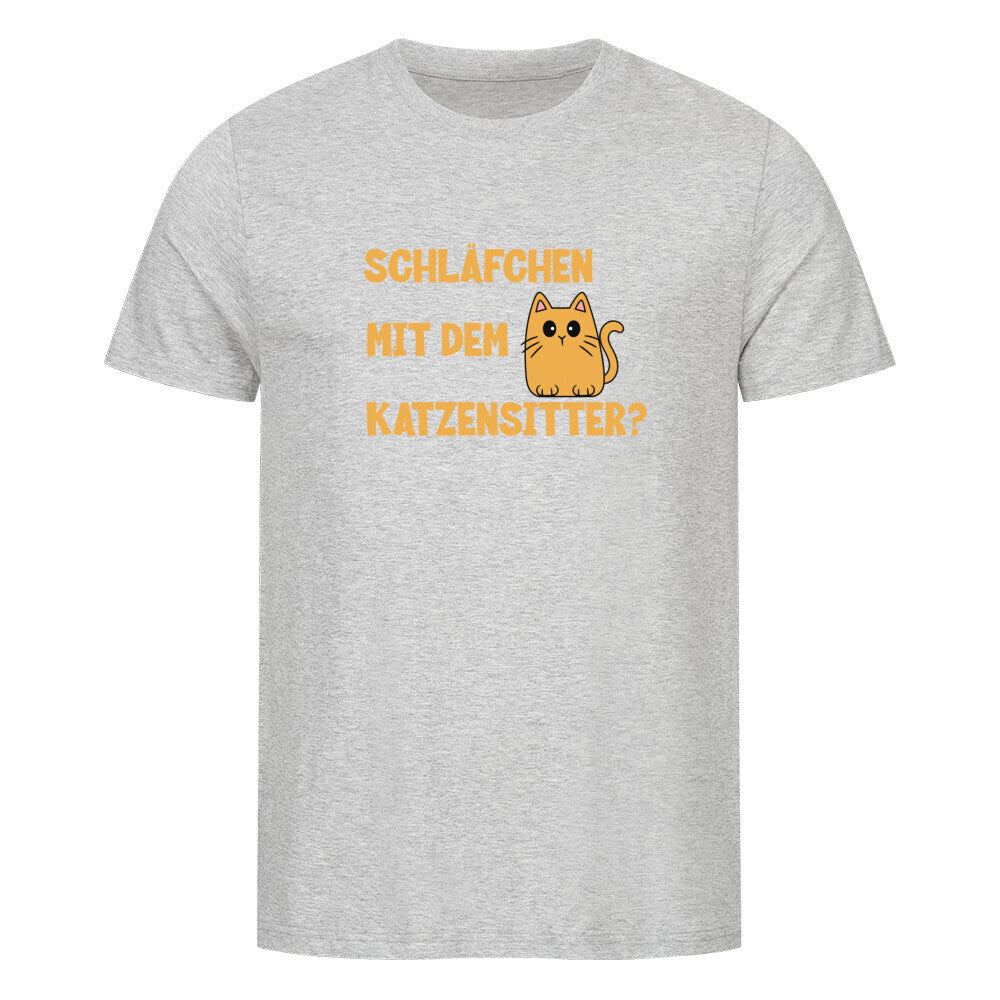 Kanimal "Katzensitter" T-Shirt für Herren, 100% Bio-Baumwolle, Unisex-Schnitt – Dieses witzige T-Shirt in grau der Marke Kanimal trägt den Spruch "Schläfchen mit dem Katzensitter?" in leuchtendem Orange, begleitet von einer niedlichen Cartoon-Katze. Hergestellt aus 100% gekämmter Bio-Baumwolle, mit normaler Passform, eingesetzten Ärmeln und 1x1 Rippstrick am Ausschnitt. Perfekt für Katzenliebhaber, die ihren humorvollen Stil betonen möchten.