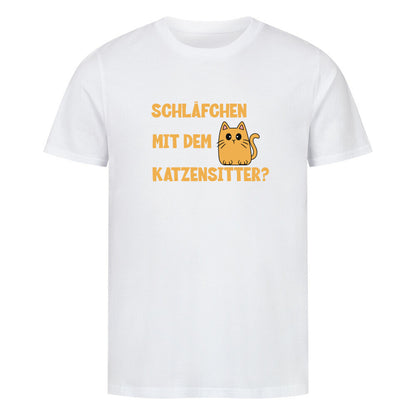 Kanimal "Katzensitter" T-Shirt für Herren, 100% Bio-Baumwolle, Unisex-Schnitt – Dieses witzige T-Shirt in weiß der Marke Kanimal trägt den Spruch "Schläfchen mit dem Katzensitter?" in leuchtendem Orange, begleitet von einer niedlichen Cartoon-Katze. Hergestellt aus 100% gekämmter Bio-Baumwolle, mit normaler Passform, eingesetzten Ärmeln und 1x1 Rippstrick am Ausschnitt. Perfekt für Katzenliebhaber, die ihren humorvollen Stil betonen möchten.