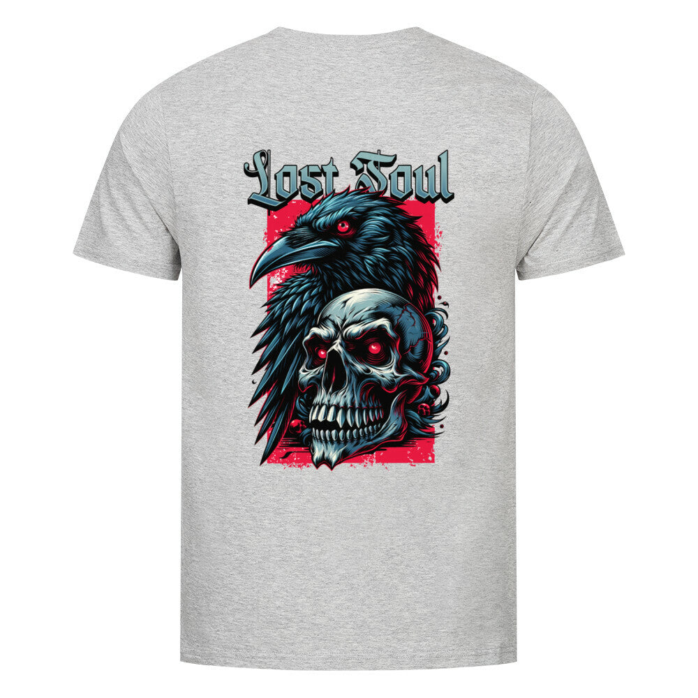 Kanimal "Lost Soul" T-Shirt für Herren, 100% Bio-Baumwolle, Unisex-Schnitt – Dieses auffällige T-Shirt in grau der Marke Kanimal zeigt eine düstere Illustration mit einem schwarzen Raben und einem Totenkopf, umrahmt von einem roten Hintergrund. Der Schriftzug "Lost Soul" in gotischer Schrift rundet das Design ab. Hergestellt aus 100% gekämmter Bio-Baumwolle, normaler Passform, eingesetzten Ärmeln und 1x1 Rippstrick am Ausschnitt. Ideal für Fans von Gothic- und Rock-Designs.