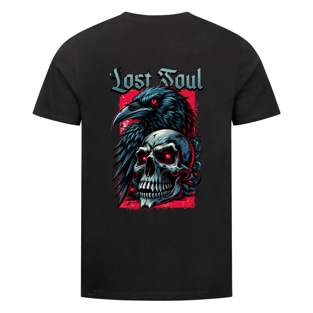 Kanimal "Lost Soul" T-Shirt für Herren, 100% Bio-Baumwolle, Unisex-Schnitt – Dieses auffällige T-Shirt in schwarz der Marke Kanimal zeigt eine düstere Illustration mit einem schwarzen Raben und einem Totenkopf, umrahmt von einem roten Hintergrund. Der Schriftzug "Lost Soul" in gotischer Schrift rundet das Design ab. Hergestellt aus 100% gekämmter Bio-Baumwolle, normaler Passform, eingesetzten Ärmeln und 1x1 Rippstrick am Ausschnitt. Ideal für Fans von Gothic- und Rock-Designs.