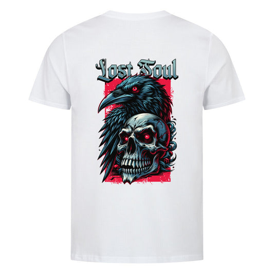 Kanimal "Lost Soul" T-Shirt für Herren, 100% Bio-Baumwolle, Unisex-Schnitt – Dieses auffällige T-Shirt in weiß der Marke Kanimal zeigt eine düstere Illustration mit einem schwarzen Raben und einem Totenkopf, umrahmt von einem roten Hintergrund. Der Schriftzug "Lost Soul" in gotischer Schrift rundet das Design ab. Hergestellt aus 100% gekämmter Bio-Baumwolle, normaler Passform, eingesetzten Ärmeln und 1x1 Rippstrick am Ausschnitt. Ideal für Fans von Gothic- und Rock-Designs.