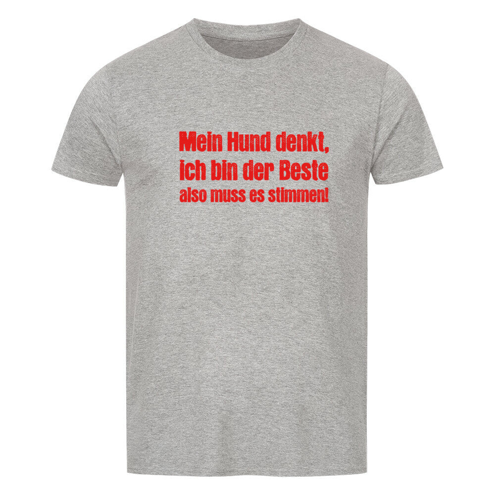 Kanimal "Mein Hund denkt" T-Shirt für Herren, 100% Bio-Baumwolle, Unisex-Schnitt – Dieses T-Shirt in grau der Marke Kanimal trägt den humorvollen Spruch "Mein Hund denkt, ich bin der Beste, also muss es stimmen!" in auffälliger roter Schrift. Perfekt für Hundebesitzer, die ihren humorvollen Stolz mit einem Augenzwinkern zeigen möchten. Hergestellt aus 100% halbgekämmter Bio-Baumwolle, mit normaler Passform, kurzen Ärmeln und 1x1 Rippstrick am Rundhalsausschnitt. Ideal für den Alltag.