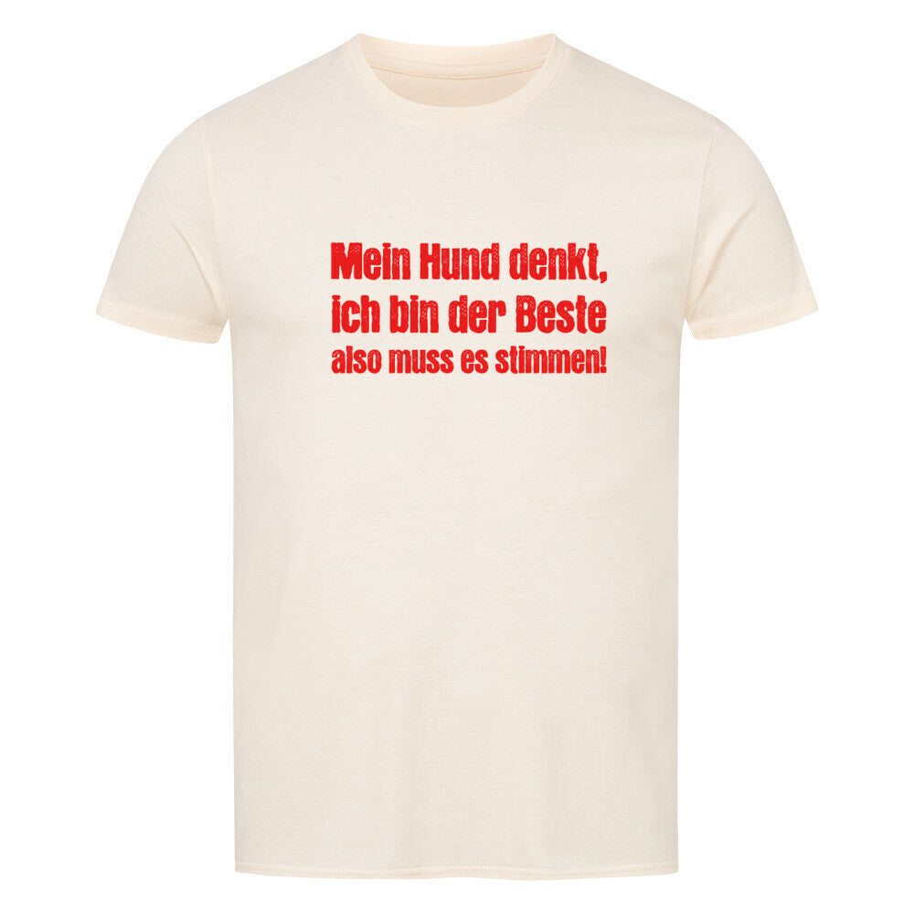 Kanimal "Mein Hund denkt" T-Shirt für Herren, 100% Bio-Baumwolle, Unisex-Schnitt – Dieses T-Shirt in natural der Marke Kanimal trägt den humorvollen Spruch "Mein Hund denkt, ich bin der Beste, also muss es stimmen!" in auffälliger roter Schrift. Perfekt für Hundebesitzer, die ihren humorvollen Stolz mit einem Augenzwinkern zeigen möchten. Hergestellt aus 100% halbgekämmter Bio-Baumwolle, mit normaler Passform, kurzen Ärmeln und 1x1 Rippstrick am Rundhalsausschnitt. Ideal für den Alltag.