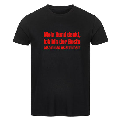 Kanimal "Mein Hund denkt" T-Shirt für Herren, 100% Bio-Baumwolle, Unisex-Schnitt – Dieses T-Shirt in schwarz der Marke Kanimal trägt den humorvollen Spruch "Mein Hund denkt, ich bin der Beste, also muss es stimmen!" in auffälliger roter Schrift. Perfekt für Hundebesitzer, die ihren humorvollen Stolz mit einem Augenzwinkern zeigen möchten. Hergestellt aus 100% halbgekämmter Bio-Baumwolle, mit normaler Passform, kurzen Ärmeln und 1x1 Rippstrick am Rundhalsausschnitt. Ideal für den Alltag.