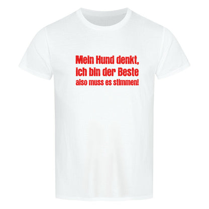 Kanimal "Mein Hund denkt" T-Shirt für Herren, 100% Bio-Baumwolle, Unisex-Schnitt – Dieses T-Shirt in weiß der Marke Kanimal trägt den humorvollen Spruch "Mein Hund denkt, ich bin der Beste, also muss es stimmen!" in auffälliger roter Schrift. Perfekt für Hundebesitzer, die ihren humorvollen Stolz mit einem Augenzwinkern zeigen möchten. Hergestellt aus 100% halbgekämmter Bio-Baumwolle, mit normaler Passform, kurzen Ärmeln und 1x1 Rippstrick am Rundhalsausschnitt. Ideal für den Alltag.