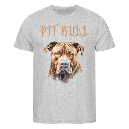 Kanimal "Pit Bull Braun" T-Shirt für Herren, 100% Bio-Baumwolle, Unisex-Schnitt – Dieses T-Shirt in grau der Marke Kanimal zeigt eine detailreiche Illustration eines braunen Pitbulls, ergänzt durch den Schriftzug "Pit Bull" in gotischer Schrift. Das realistische Design verleiht dem Shirt einen kraftvollen Look. Hergestellt aus 100% gekämmter ringgesponnener Bio-Baumwolle, mit normaler Passform, eingesetzten Ärmeln und 1x1 Rippstrick am Ausschnitt. Ideal für Hundeliebhaber.