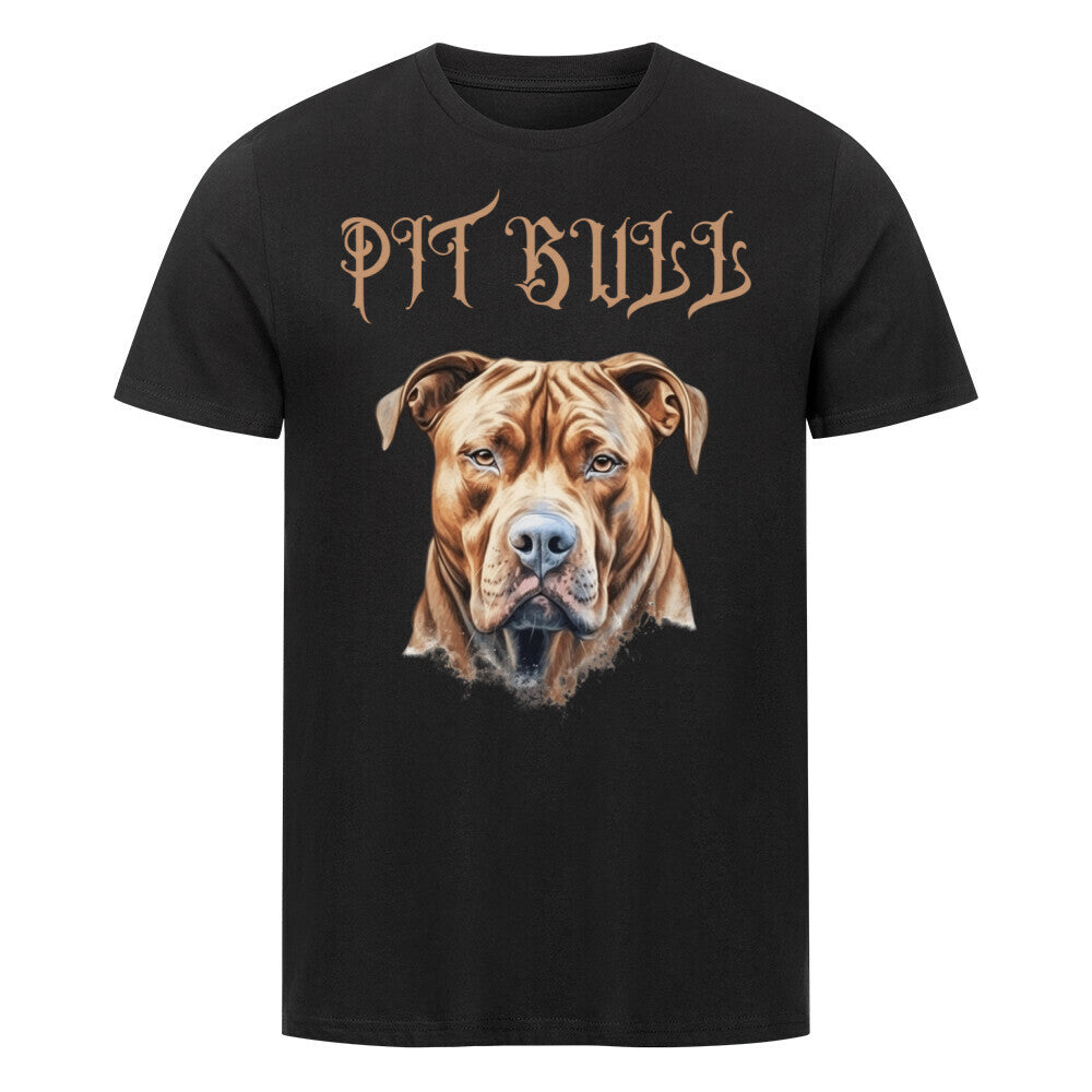 Kanimal "Pit Bull Braun" T-Shirt für Herren, 100% Bio-Baumwolle, Unisex-Schnitt – Dieses T-Shirt in schwarz der Marke Kanimal zeigt eine detailreiche Illustration eines braunen Pitbulls, ergänzt durch den Schriftzug "Pit Bull" in gotischer Schrift. Das realistische Design verleiht dem Shirt einen kraftvollen Look. Hergestellt aus 100% gekämmter ringgesponnener Bio-Baumwolle, mit normaler Passform, eingesetzten Ärmeln und 1x1 Rippstrick am Ausschnitt. Ideal für Hundeliebhaber.