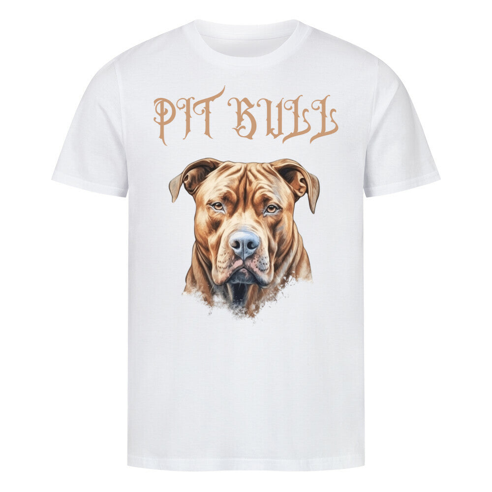 Kanimal "Pit Bull Braun" T-Shirt für Herren, 100% Bio-Baumwolle, Unisex-Schnitt – Dieses T-Shirt in weiß der Marke Kanimal zeigt eine detailreiche Illustration eines braunen Pitbulls, ergänzt durch den Schriftzug "Pit Bull" in gotischer Schrift. Das realistische Design verleiht dem Shirt einen kraftvollen Look. Hergestellt aus 100% gekämmter ringgesponnener Bio-Baumwolle, mit normaler Passform, eingesetzten Ärmeln und 1x1 Rippstrick am Ausschnitt. Ideal für Hundeliebhaber.