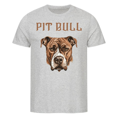 Kanimal "Pit Bull" T-Shirt für Herren, 100% Bio-Baumwolle, Unisex-Schnitt – Dieses T-Shirt in grau der Marke Kanimal zeigt eine detaillierte Illustration eines braunen Pitbulls mit starkem, realistischem Ausdruck. Der Schriftzug "Pit Bull" in brauner Schrift verleiht dem Design eine kraftvolle Note. Hergestellt aus 100% gekämmter ringgesponnener Bio-Baumwolle, mit normaler Passform, eingesetzten Ärmeln und 1x1 Rippstrick am Ausschnitt. Ideal für Hundeliebhaber und Fans von markanten Designs.