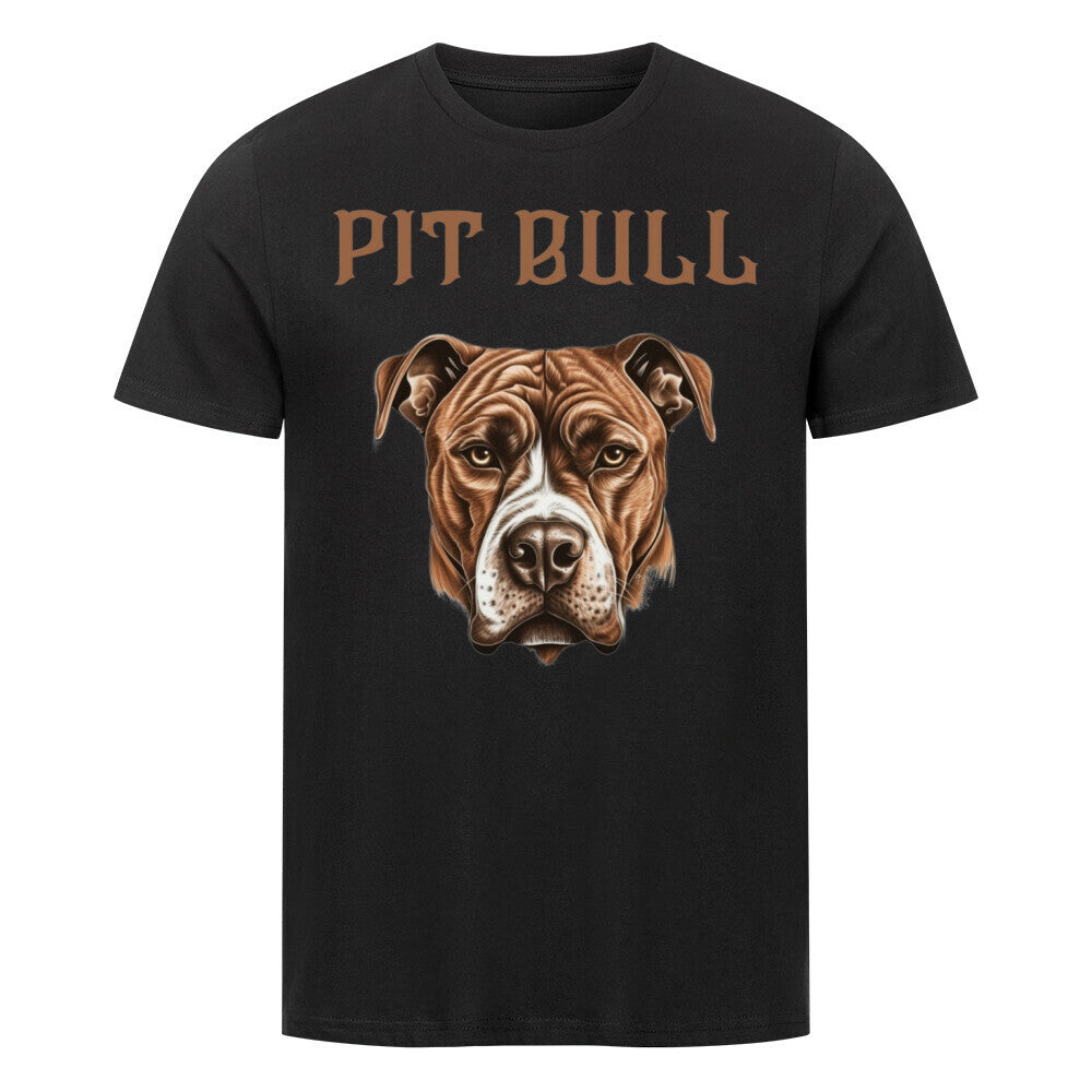 Kanimal "Pit Bull" T-Shirt für Herren, 100% Bio-Baumwolle, Unisex-Schnitt – Dieses T-Shirt in schwarz der Marke Kanimal zeigt eine detaillierte Illustration eines braunen Pitbulls mit starkem, realistischem Ausdruck. Der Schriftzug "Pit Bull" in brauner Schrift verleiht dem Design eine kraftvolle Note. Hergestellt aus 100% gekämmter ringgesponnener Bio-Baumwolle, mit normaler Passform, eingesetzten Ärmeln und 1x1 Rippstrick am Ausschnitt. Ideal für Hundeliebhaber und Fans von markanten Designs.