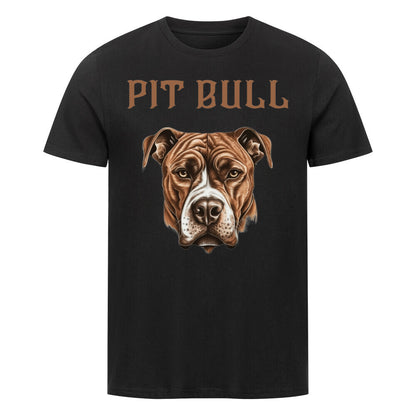 Kanimal "Pit Bull" T-Shirt für Herren, 100% Bio-Baumwolle, Unisex-Schnitt – Dieses T-Shirt in schwarz der Marke Kanimal zeigt eine detaillierte Illustration eines braunen Pitbulls mit starkem, realistischem Ausdruck. Der Schriftzug "Pit Bull" in brauner Schrift verleiht dem Design eine kraftvolle Note. Hergestellt aus 100% gekämmter ringgesponnener Bio-Baumwolle, mit normaler Passform, eingesetzten Ärmeln und 1x1 Rippstrick am Ausschnitt. Ideal für Hundeliebhaber und Fans von markanten Designs.