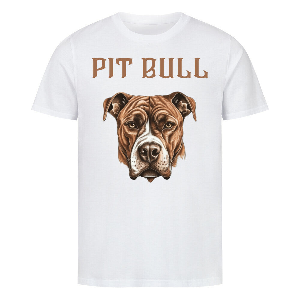 Kanimal "Pit Bull" T-Shirt für Herren, 100% Bio-Baumwolle, Unisex-Schnitt – Dieses T-Shirt in weiß der Marke Kanimal zeigt eine detaillierte Illustration eines braunen Pitbulls mit starkem, realistischem Ausdruck. Der Schriftzug "Pit Bull" in brauner Schrift verleiht dem Design eine kraftvolle Note. Hergestellt aus 100% gekämmter ringgesponnener Bio-Baumwolle, mit normaler Passform, eingesetzten Ärmeln und 1x1 Rippstrick am Ausschnitt. Ideal für Hundeliebhaber und Fans von markanten Designs.