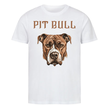 Kanimal "Pit Bull" T-Shirt für Herren, 100% Bio-Baumwolle, Unisex-Schnitt – Dieses T-Shirt in weiß der Marke Kanimal zeigt eine detaillierte Illustration eines braunen Pitbulls mit starkem, realistischem Ausdruck. Der Schriftzug "Pit Bull" in brauner Schrift verleiht dem Design eine kraftvolle Note. Hergestellt aus 100% gekämmter ringgesponnener Bio-Baumwolle, mit normaler Passform, eingesetzten Ärmeln und 1x1 Rippstrick am Ausschnitt. Ideal für Hundeliebhaber und Fans von markanten Designs.