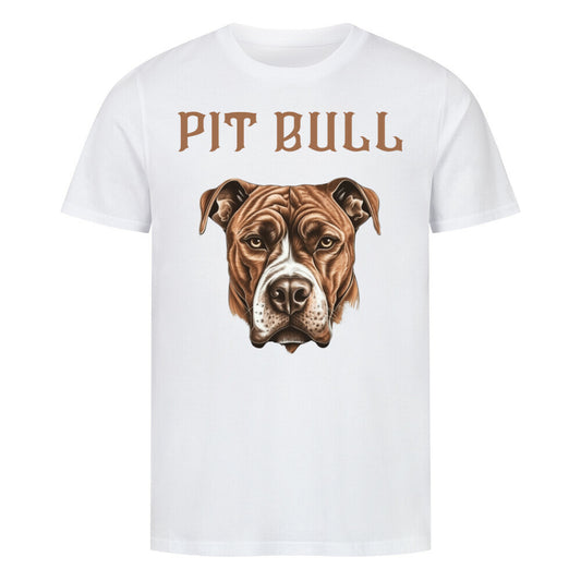 Kanimal "Pit Bull" T-Shirt für Herren, 100% Bio-Baumwolle, Unisex-Schnitt – Dieses T-Shirt in weiß der Marke Kanimal zeigt eine detaillierte Illustration eines braunen Pitbulls mit starkem, realistischem Ausdruck. Der Schriftzug "Pit Bull" in brauner Schrift verleiht dem Design eine kraftvolle Note. Hergestellt aus 100% gekämmter ringgesponnener Bio-Baumwolle, mit normaler Passform, eingesetzten Ärmeln und 1x1 Rippstrick am Ausschnitt. Ideal für Hundeliebhaber und Fans von markanten Designs.