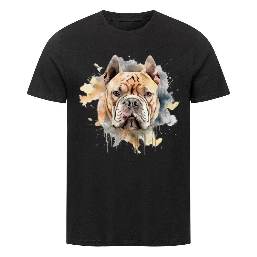 Kanimal "Pitbull Kopf" T-Shirt für Herren, 100% Bio-Baumwolle, Unisex-Schnitt – Dieses T-Shirt in schwarz der Marke Kanimal zeigt eine kunstvolle Aquarell-Illustration eines Pitbull-Kopfes mit fließenden, sanften Farben im Hintergrund. Das stilvolle Design verleiht dem Shirt einen modernen, künstlerischen Look. Hergestellt aus 100% gekämmter ringgesponnener Bio-Baumwolle, mit normaler Passform, eingesetzten Ärmeln und 1x1 Rippstrick am Ausschnitt. Ideal für Hundeliebhaber.