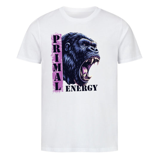 Kanimal "Primal Energy" T-Shirt für Herren, 100% Bio-Baumwolle, Unisex-Schnitt – Dieses kraftvolle T-Shirt in weiß der Marke Kanimal zeigt einen brüllenden Gorilla in dunklen Farben, begleitet vom Schriftzug "Primal Energy" in Lila und Schwarz. Das Design strahlt Stärke und Wildheit aus, perfekt für sportliche und energische Looks. Hergestellt aus 100% gekämmter Bio-Baumwolle, mit normaler Passform, eingesetzten Ärmeln und 1x1 Rippstrick am Ausschnitt.