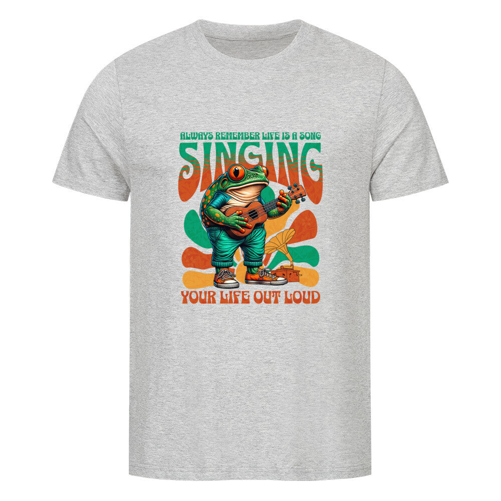 Kanimal "Singing" T-Shirt für Herren, 100% Bio-Baumwolle, Unisex-Schnitt – Dieses fröhliche T-Shirt in grau der Marke Kanimal zeigt einen Frosch, der eine Ukulele spielt, begleitet vom Schriftzug "Always remember life is a song, singing your life out loud" in einem farbenfrohen Retro-Design. Das lebhafte Motiv ist perfekt für Musik- und Naturliebhaber. Hergestellt aus 100% gekämmter Bio-Baumwolle, normaler Passform, eingesetzten Ärmeln und 1x1 Rippstrick am Ausschnitt.