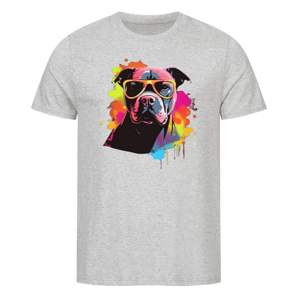 Kanimal "Wuffelnde Stil" T-Shirt für Herren, 100% Bio-Baumwolle, Unisex-Schnitt – Dieses T-Shirt in grau zeigt einen coolen Hund mit Sonnenbrille, umgeben von bunten Farbklecksen, die dem Design einen modernen und künstlerischen Touch verleihen. Hergestellt aus 100% gekämmter ringgesponnener Bio-Baumwolle, mit normaler Passform, eingesetzten Ärmeln und 1x1 Rippstrick am Ausschnitt. Perfekt für Hundeliebhaber, die ein farbenfrohes Statement setzen möchten.