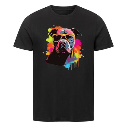 Kanimal "Wuffelnde Stil" T-Shirt für Herren, 100% Bio-Baumwolle, Unisex-Schnitt – Dieses T-Shirt in schwarz zeigt einen coolen Hund mit Sonnenbrille, umgeben von bunten Farbklecksen, die dem Design einen modernen und künstlerischen Touch verleihen. Hergestellt aus 100% gekämmter ringgesponnener Bio-Baumwolle, mit normaler Passform, eingesetzten Ärmeln und 1x1 Rippstrick am Ausschnitt. Perfekt für Hundeliebhaber, die ein farbenfrohes Statement setzen möchten.