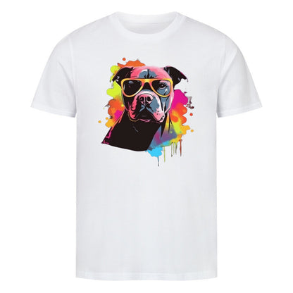 Kanimal "Wuffelnde Stil" T-Shirt für Herren, 100% Bio-Baumwolle, Unisex-Schnitt – Dieses T-Shirt in weiß zeigt einen coolen Hund mit Sonnenbrille, umgeben von bunten Farbklecksen, die dem Design einen modernen und künstlerischen Touch verleihen. Hergestellt aus 100% gekämmter ringgesponnener Bio-Baumwolle, mit normaler Passform, eingesetzten Ärmeln und 1x1 Rippstrick am Ausschnitt. Perfekt für Hundeliebhaber, die ein farbenfrohes Statement setzen möchten.