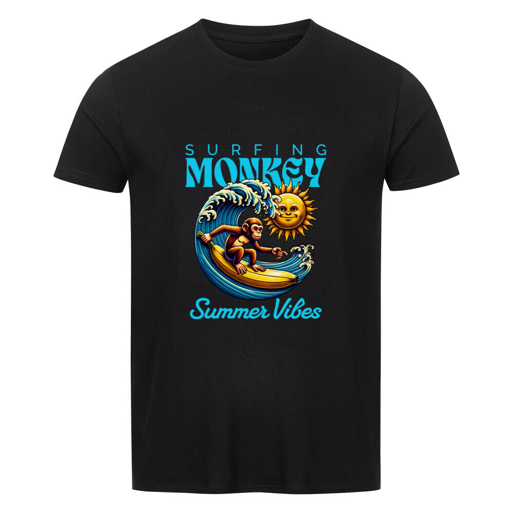 Schwarz Kanimal Surfing Monkey T-Shirt für Herren, 100% Bio-Baumwolle, Unisex-Schnitt – Dieses schwarze T-Shirt der Marke Kanimal zeigt ein buntes "Surfing Monkey"-Design mit einem surfenden Affen auf einem gelben Surfbrett, einer großen Welle und einer lächelnden Sonne im Hintergrund. Der Schriftzug "Summer Vibes" ergänzt das sommerliche Motiv. Hergestellt aus 100% gekämmter Bio-Baumwolle mit normalem Schnitt, eingesetzten Ärmeln und 1x1 Rippstrick am Ausschnitt.